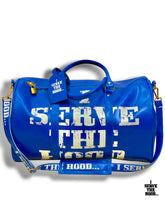 Load image into Gallery viewer, Nipsey Blue Iconic Logo I Serve The Hood Duffle Bag
